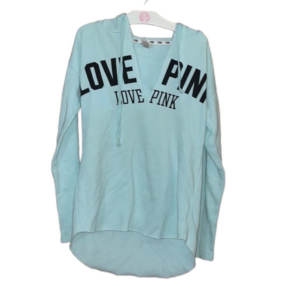 •PINK• VSP BABY BLUE HOODIE WITH “LOVE PINK” LOGO CUT OUT V-NECK RAW EDGE HEM